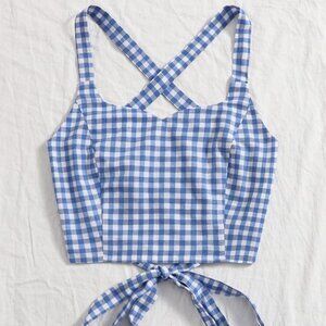 Shein Summer Cami Top Gingham Lace Up Back Casual Tank Top Sleeveless sz. Medium